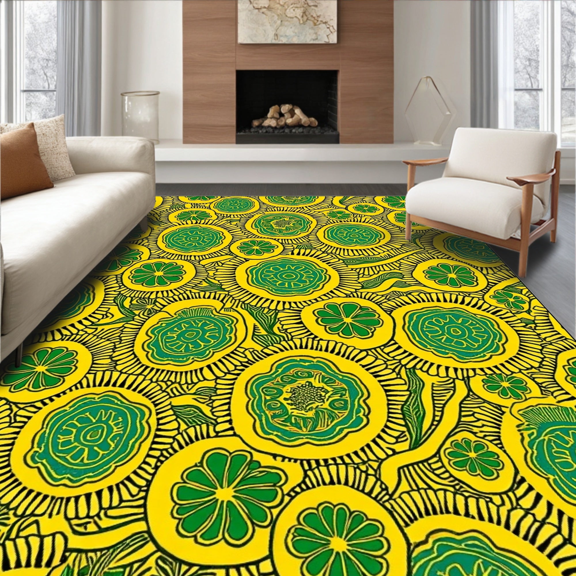 Bold Floral Abstract Yellow Green Rug