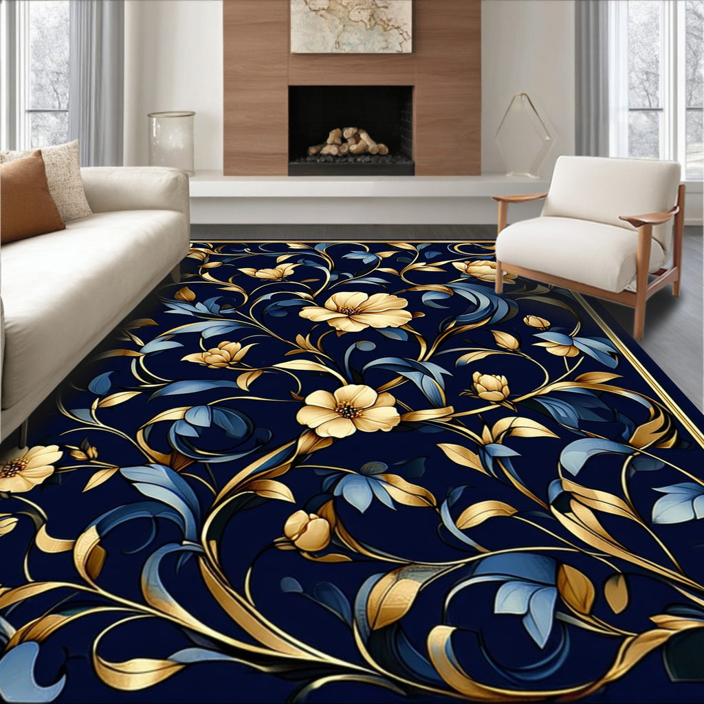 Floral Vines Gold Blue Pattern Rug