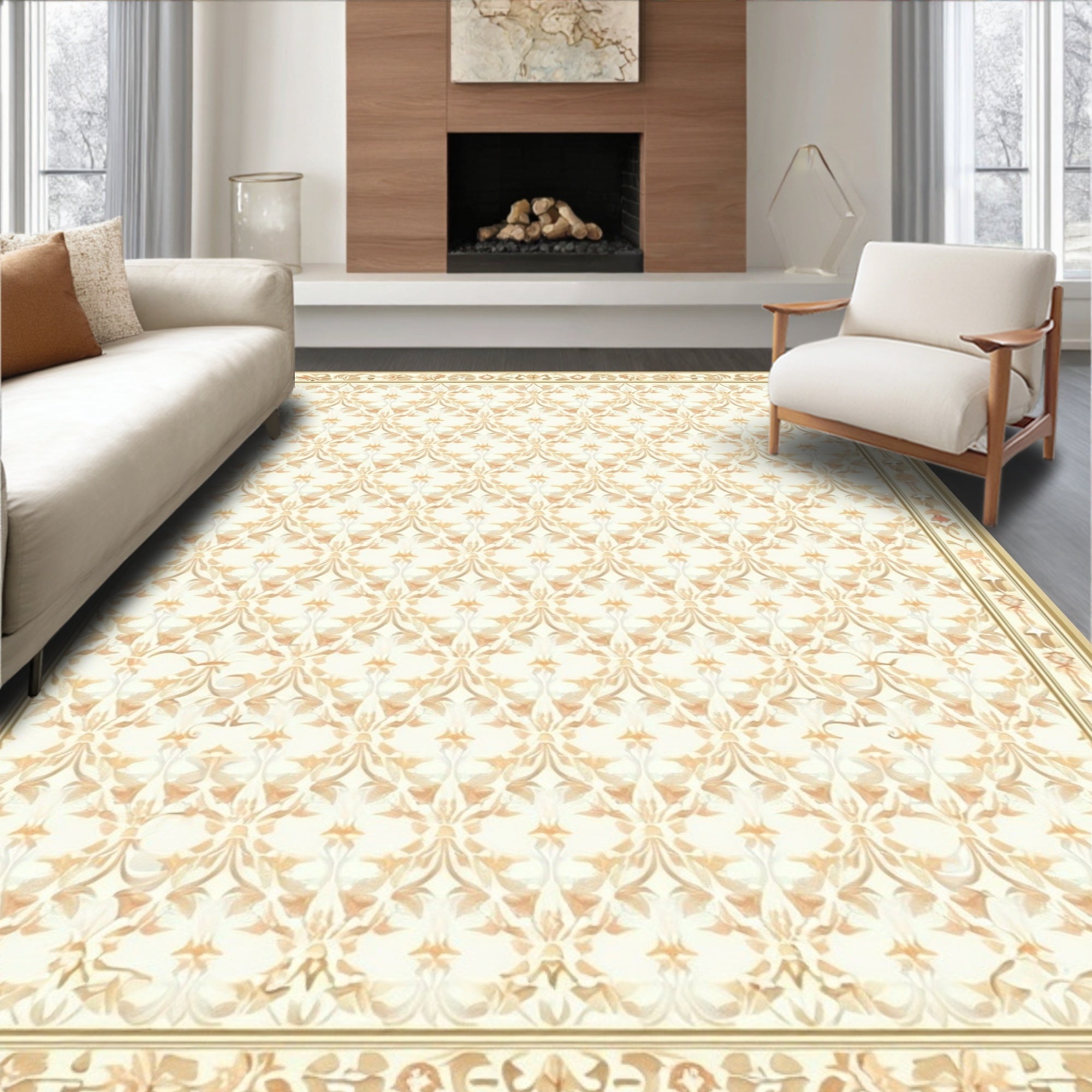 Cream and Gold Floral Damask Pattern Rug