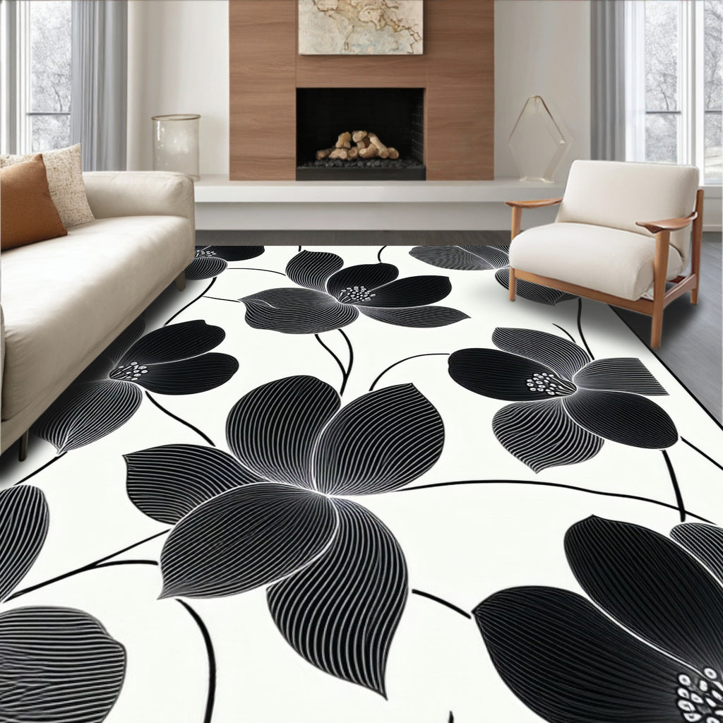 Artistic Black White Floral Line Art Rug