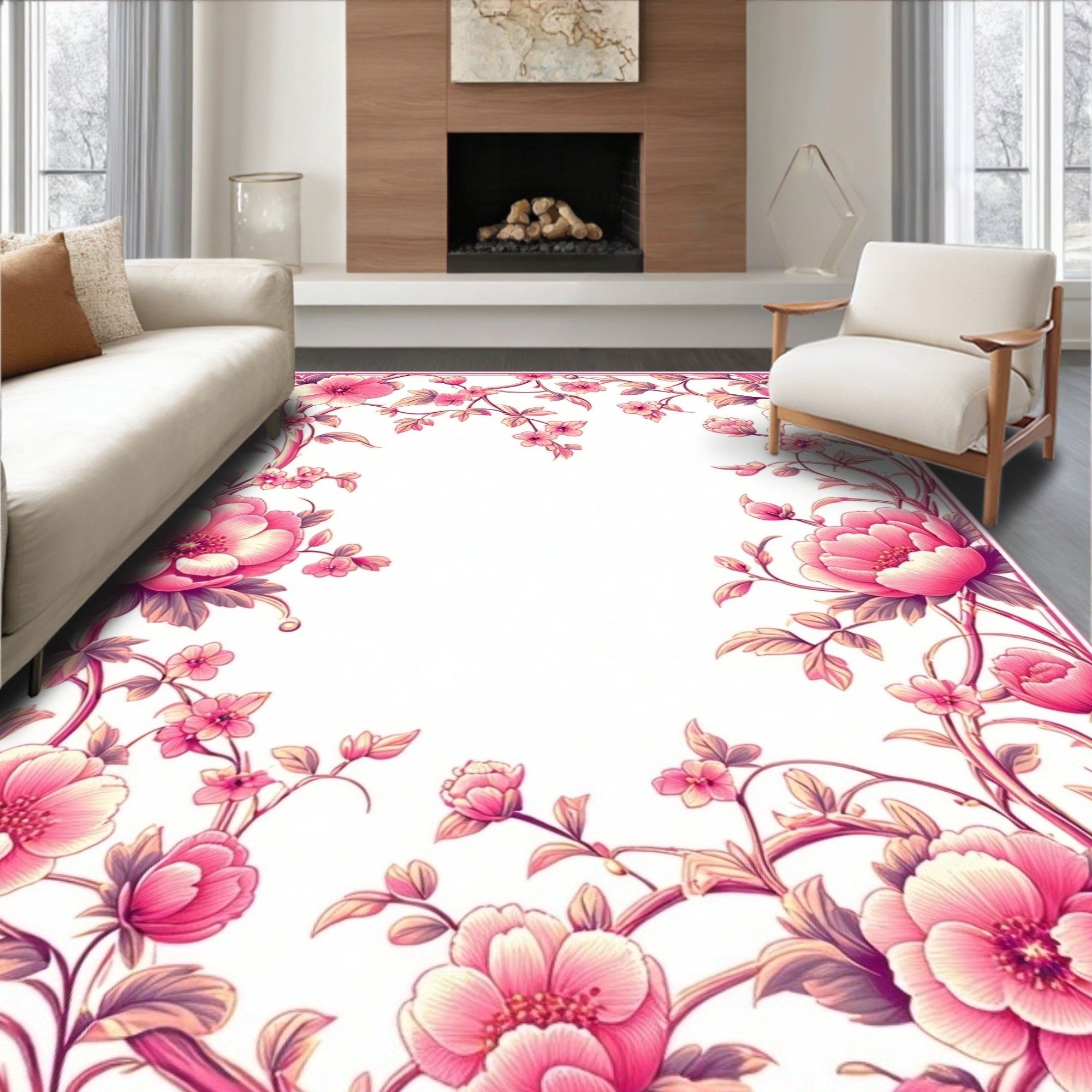 Pink Floral Vine Detailed Artwork Rug