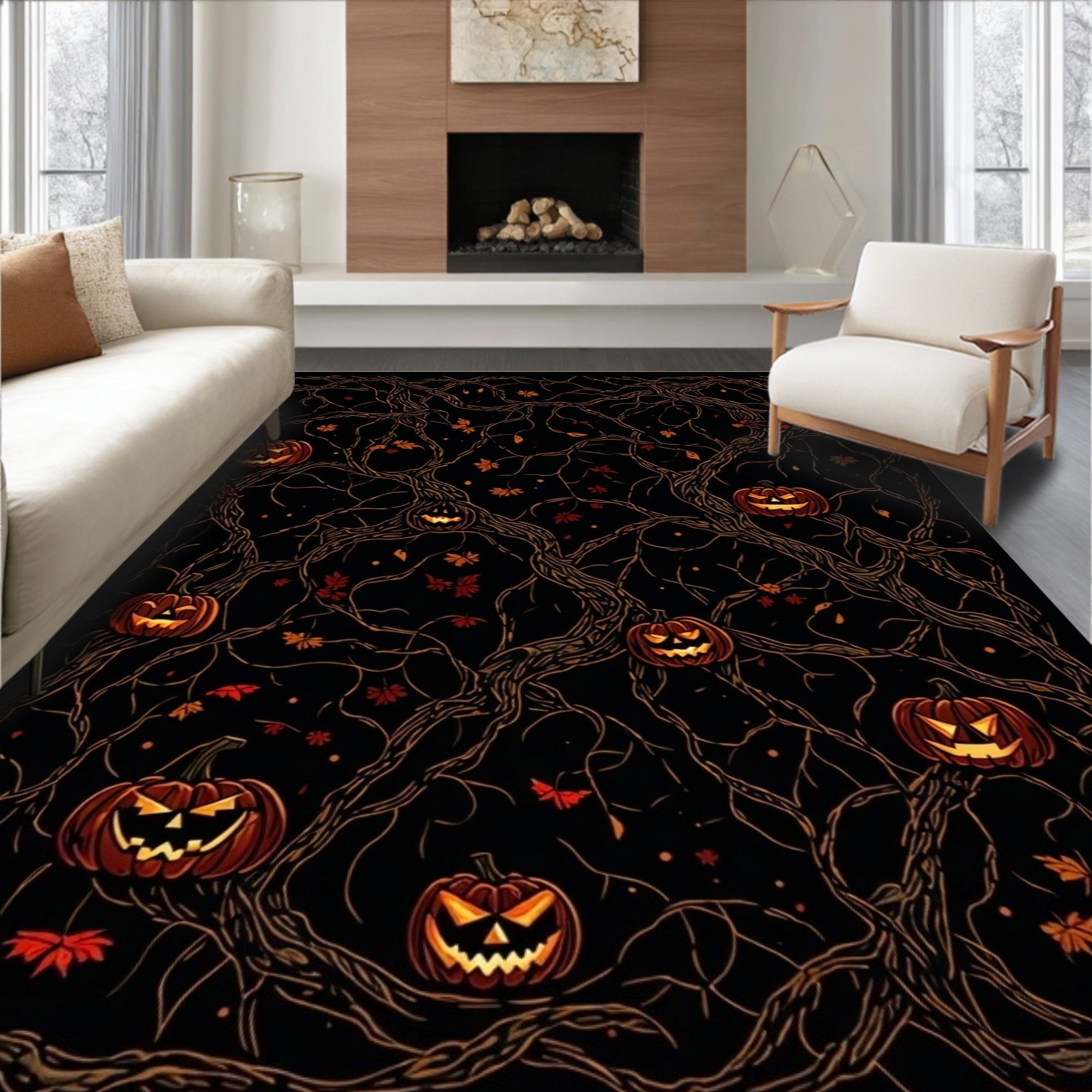 Spooky Pumpkin Patch Vine Pattern Rug