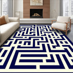 Navy Cream Geometric Maze Pattern Rug