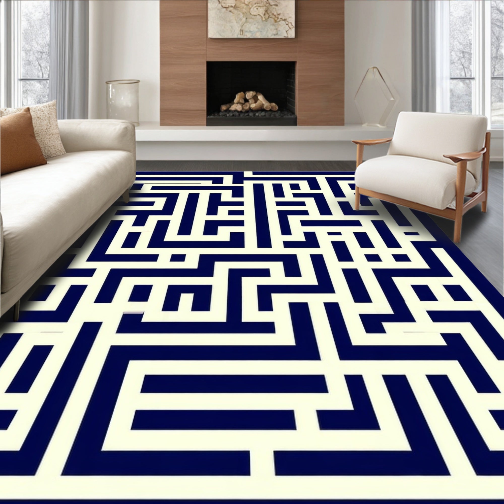 Navy Cream Geometric Maze Pattern Rug
