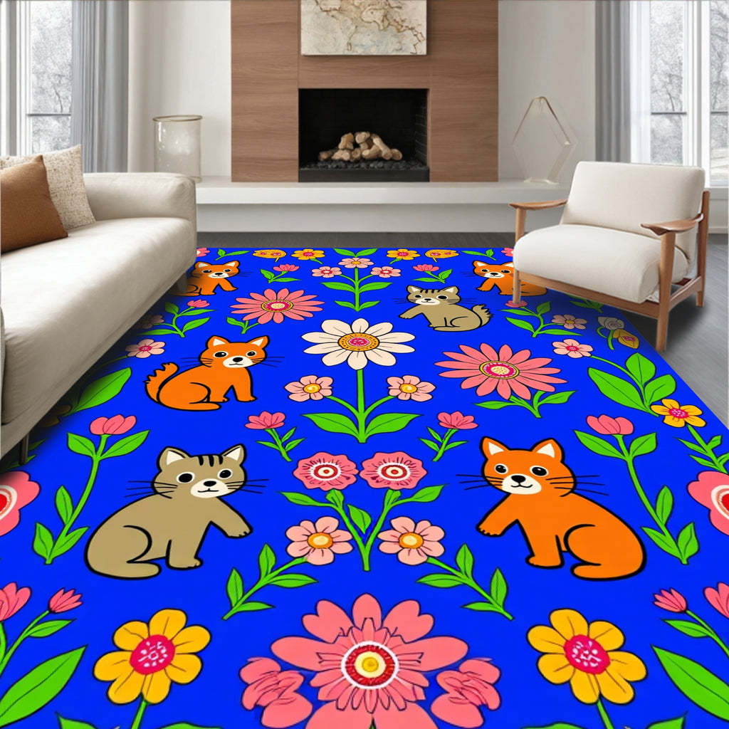 Whimsical Cats Flowers Pattern Rug