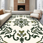 Dark Green Floral Medallion Ivory Rug