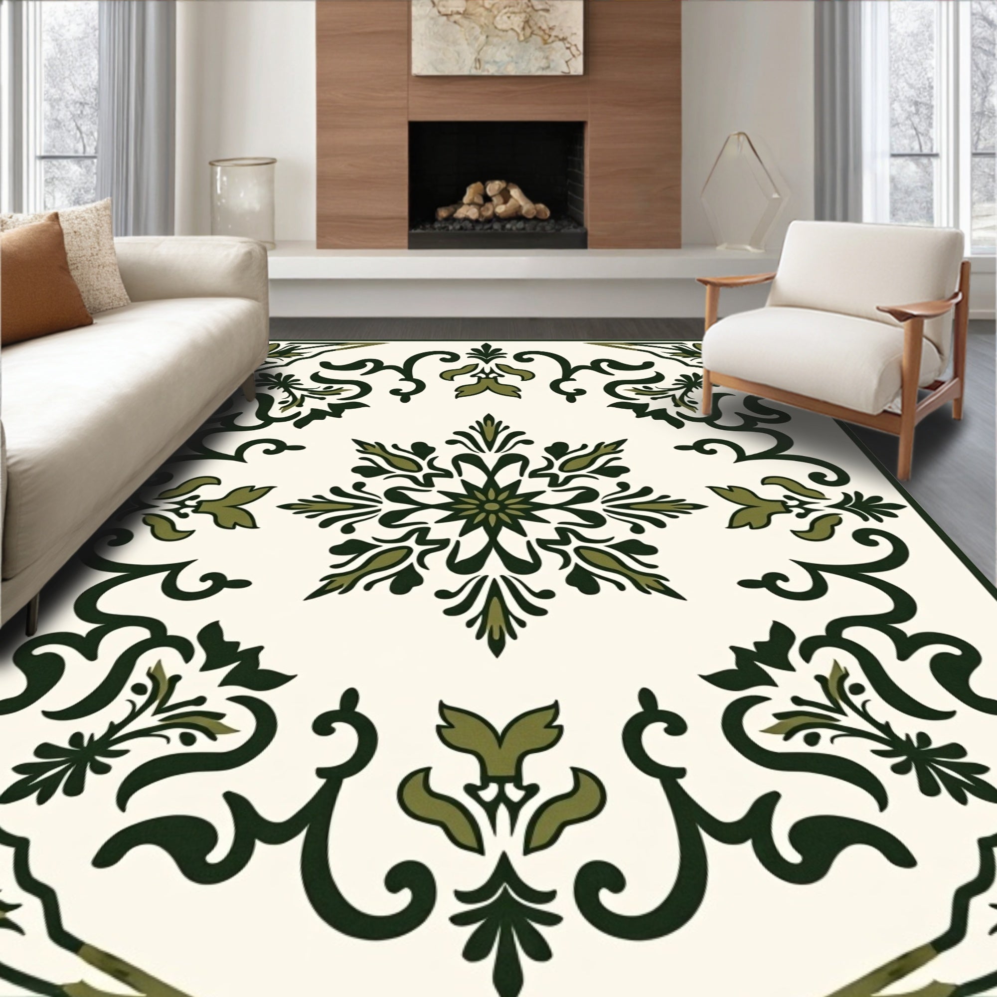 Dark Green Floral Medallion Ivory Rug