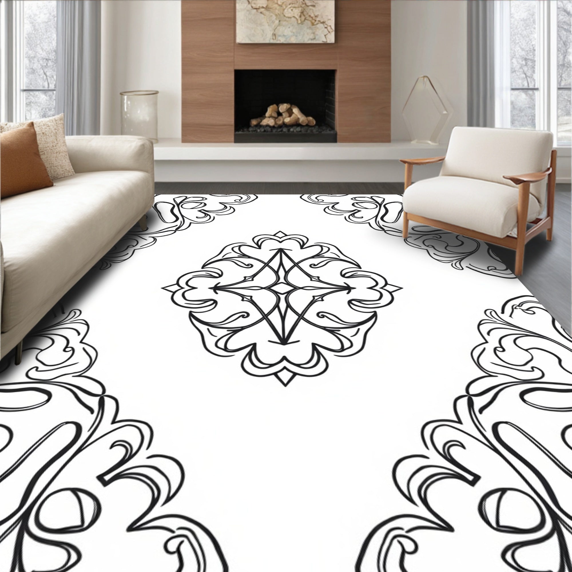 Gothic Floral Motifs Black Outline Rug