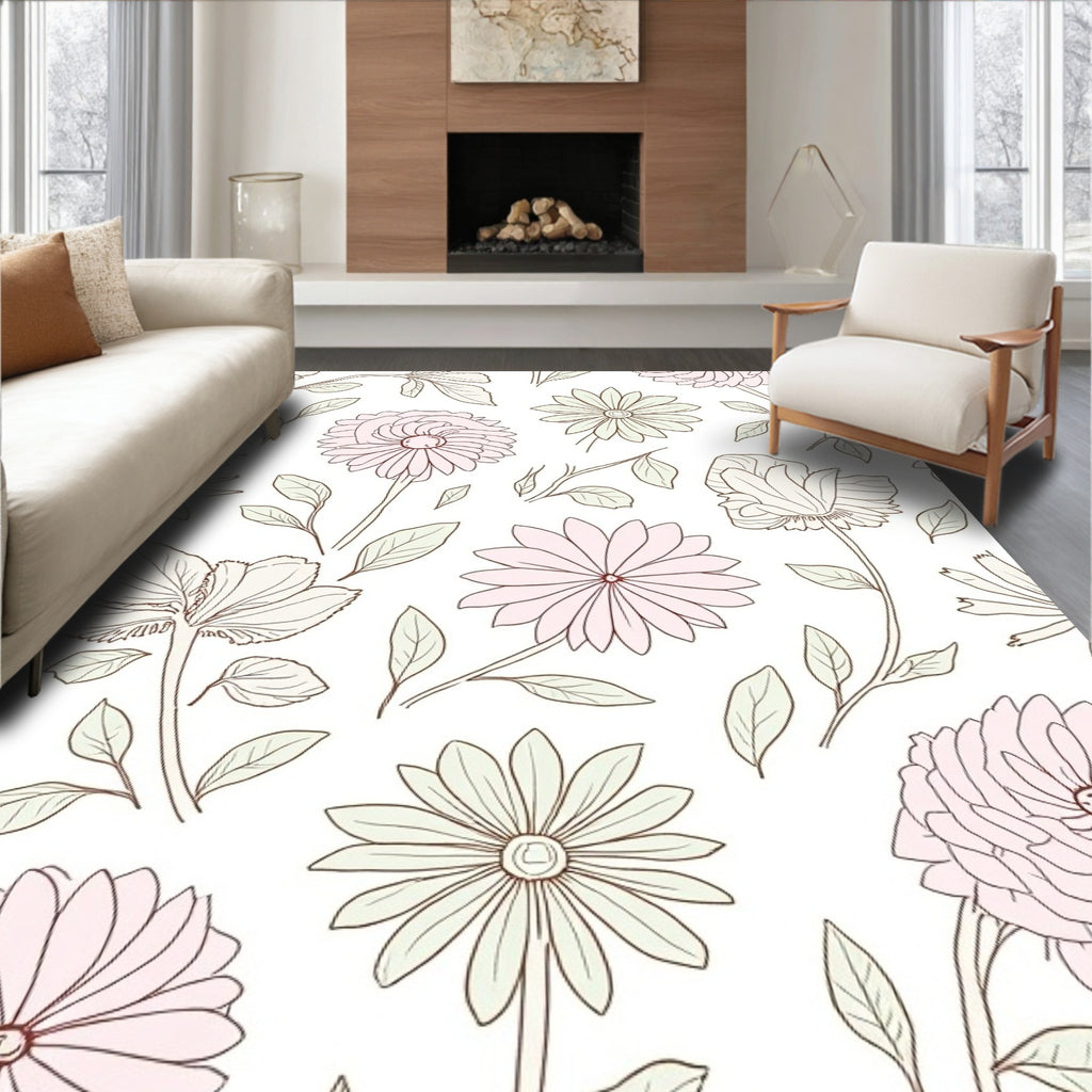 Pale Pink Floral Sketch Pattern Rug
