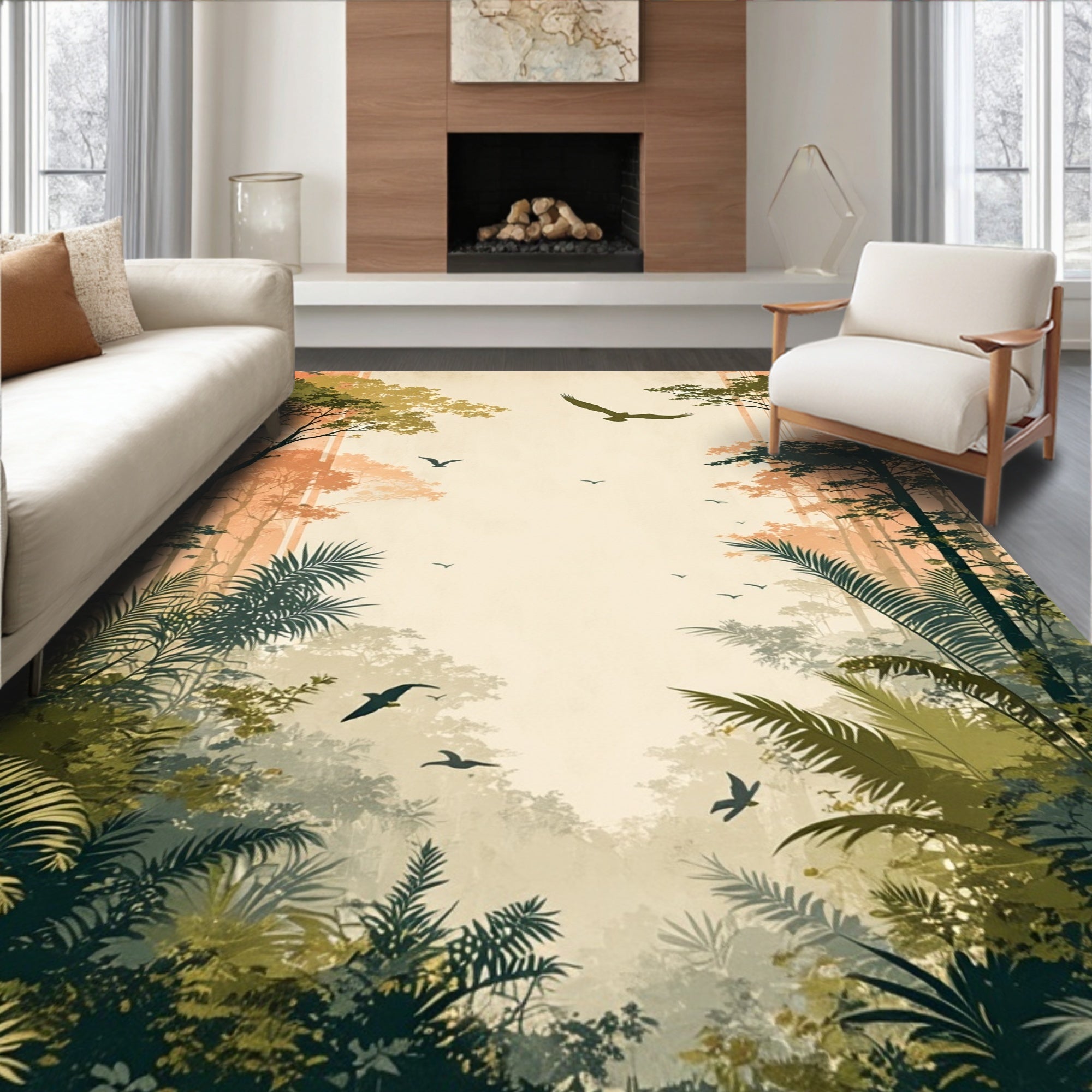 Jungle Scene With Flights Of Birds Rug