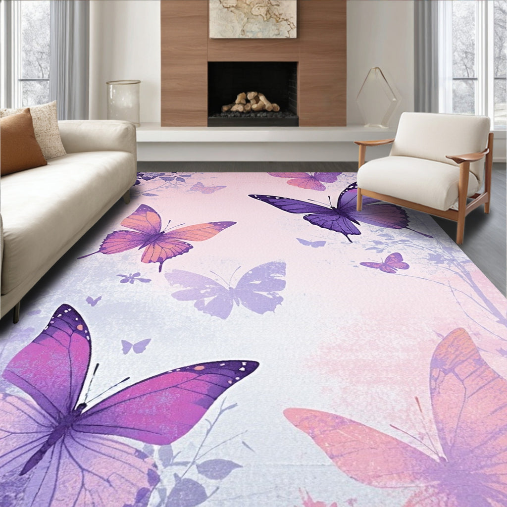 Purple Floral Butterfly Pattern Decor Rug