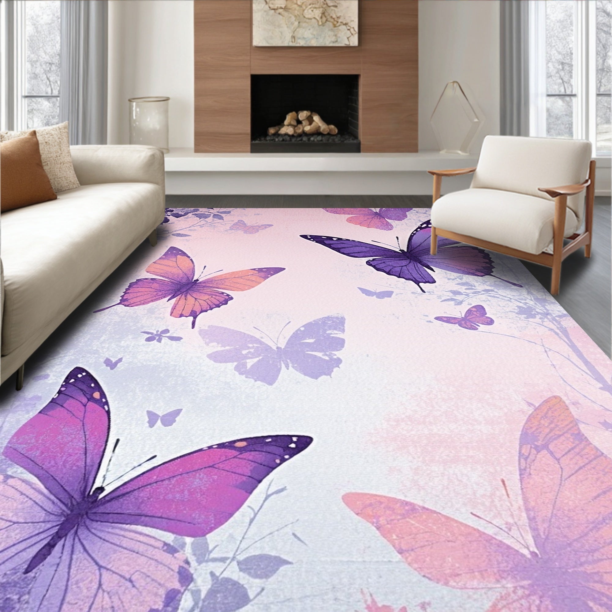 Purple Floral Butterfly Pattern Decor Rug