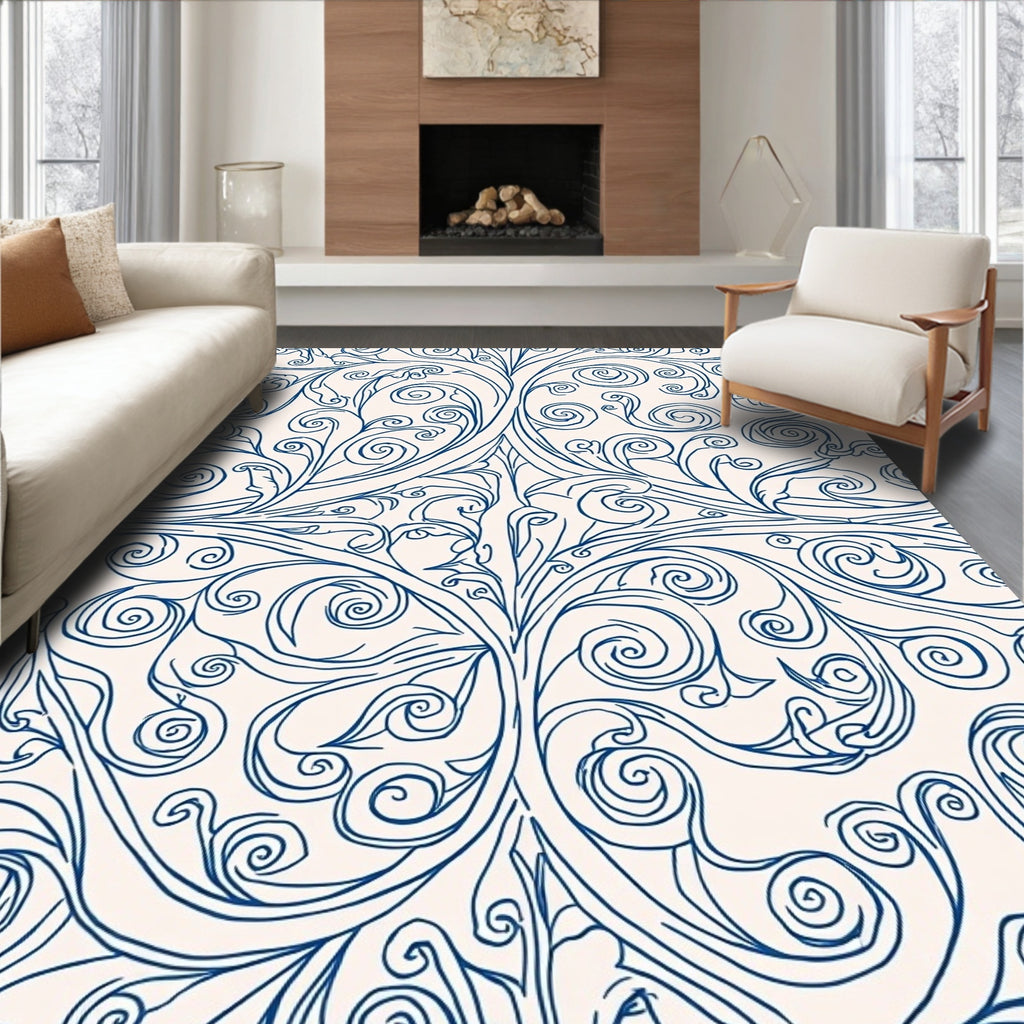Classic Blue Scrollwork Floral Design Rug