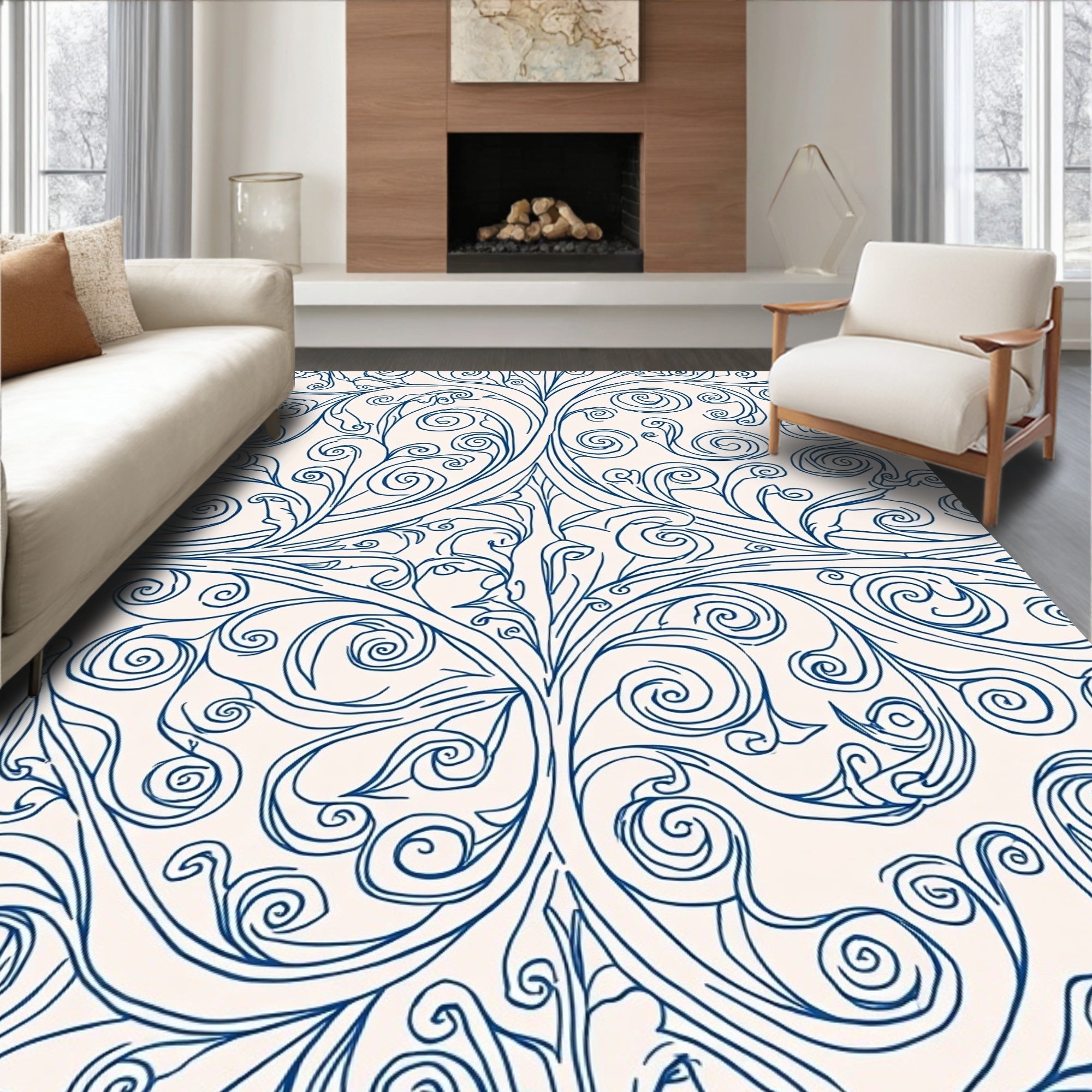 Classic Blue Scrollwork Floral Design Rug
