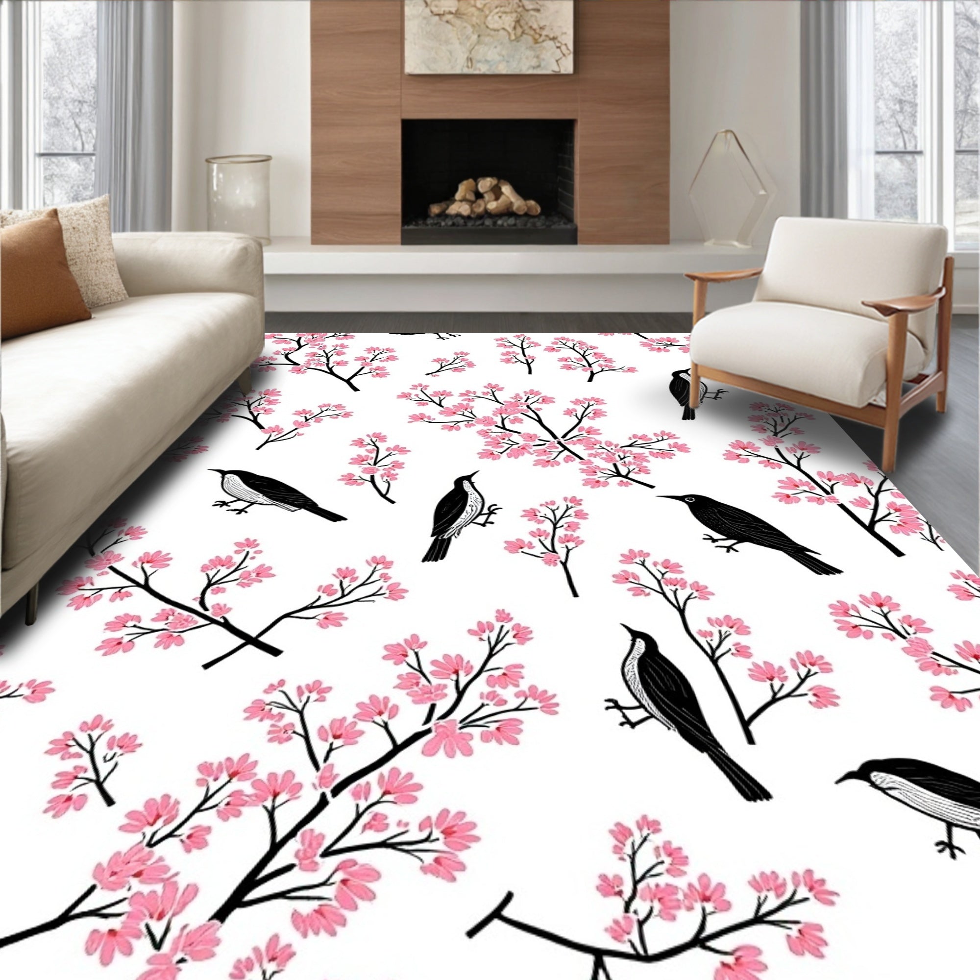 Birds and Cherry Blossom Pattern Rug