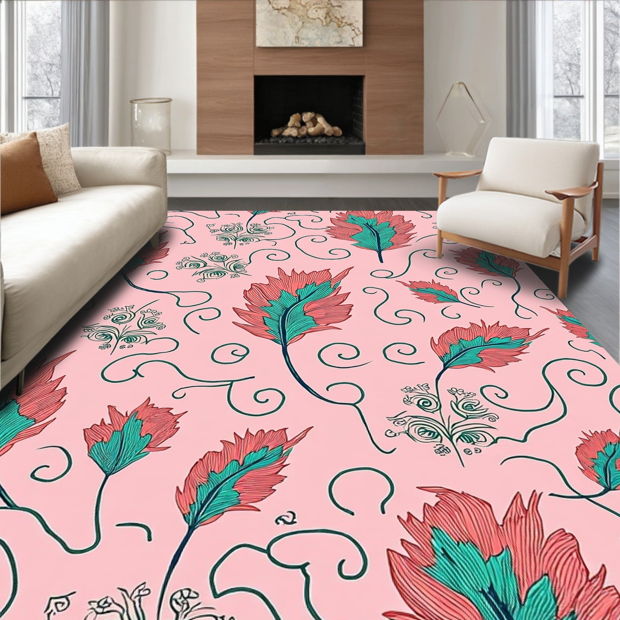 Feather Floral Swirl Pattern Design Rug