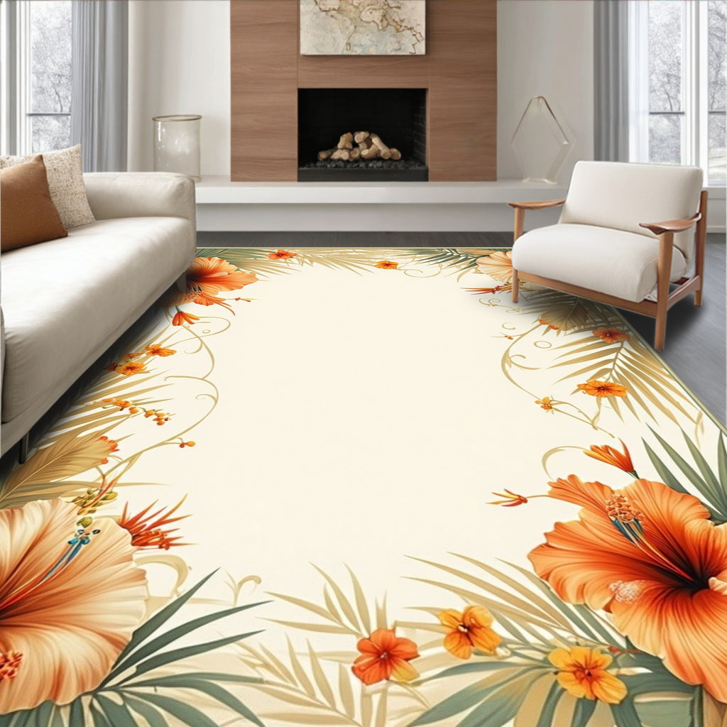 Tropical Hibiscus Palm Leaf Pattern Rug