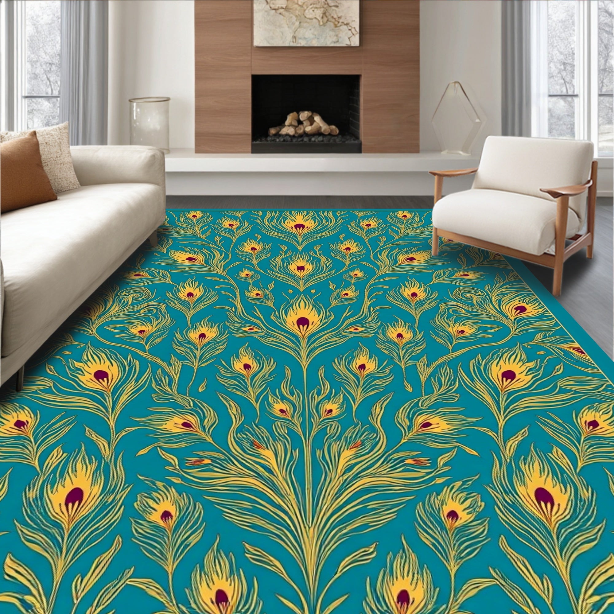 Peacock Feather Pattern Gold Teal Rug