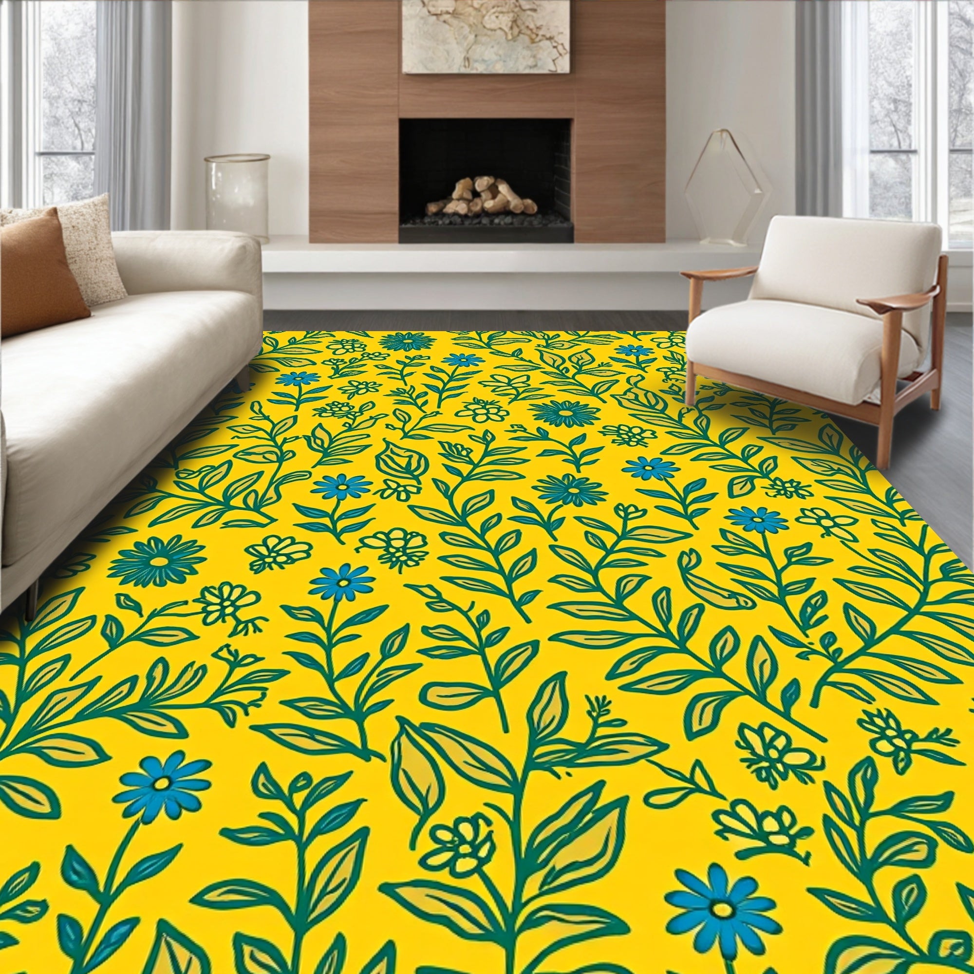 Yellow Floral Vine Pattern Rug