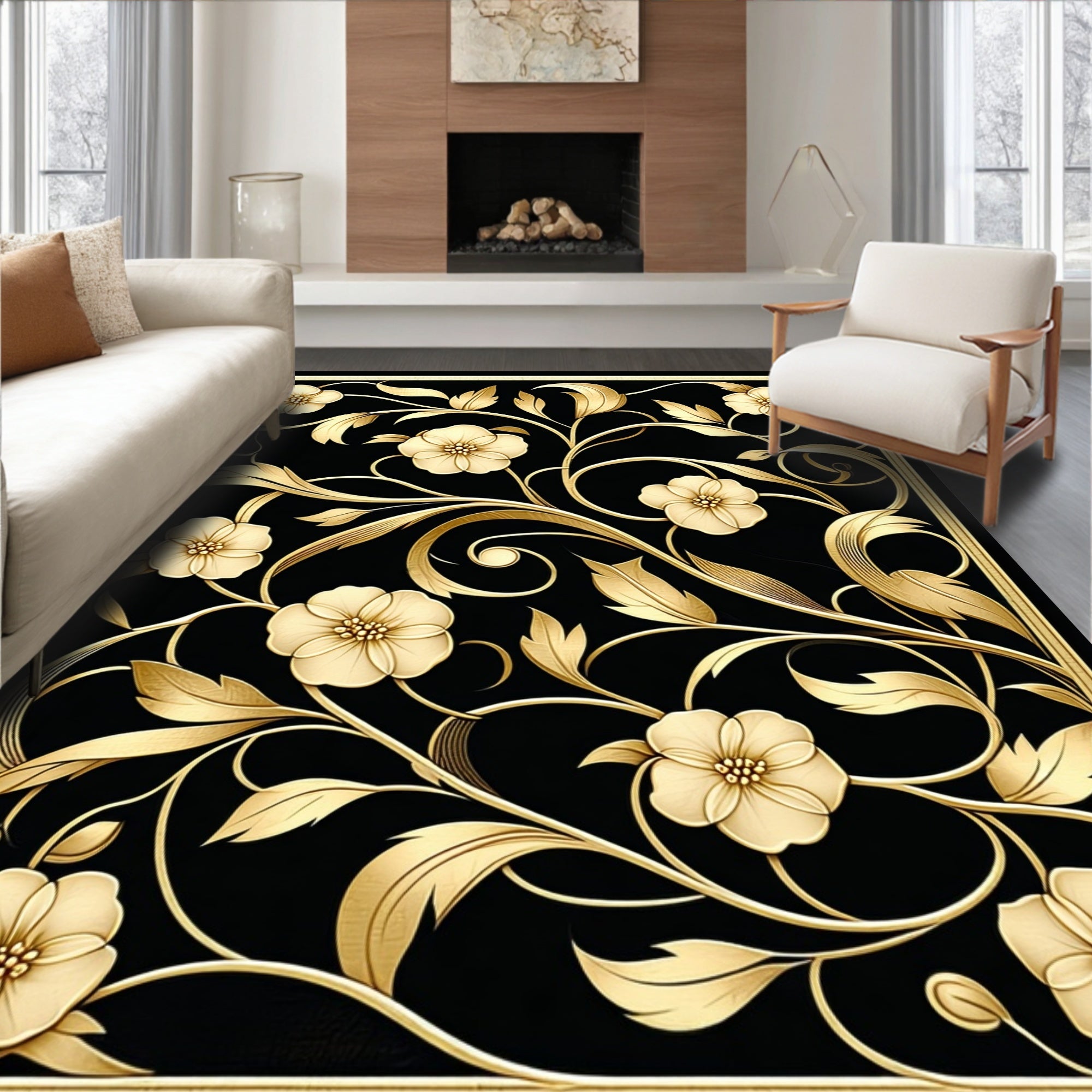 Ornate Gold Floral Black Relief Rug