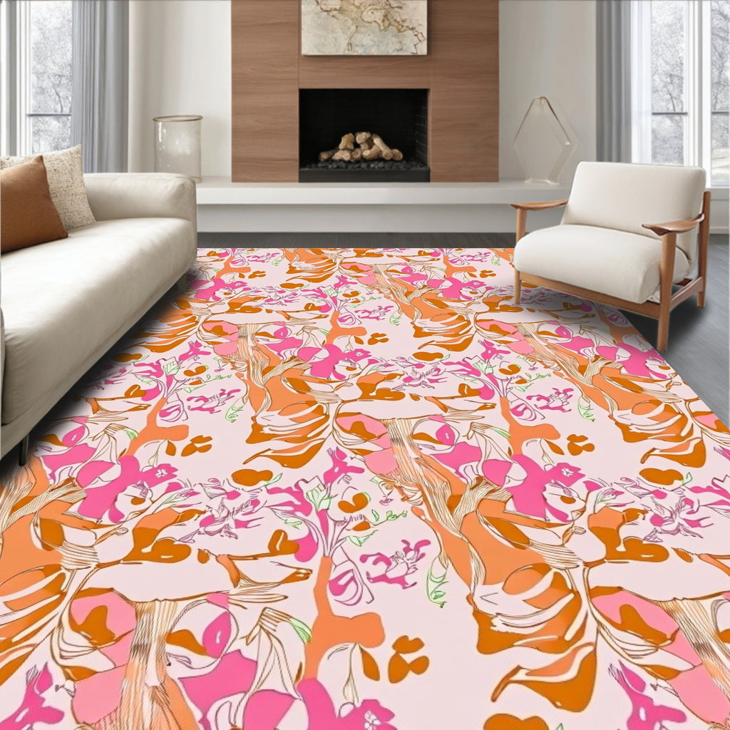 Playful Abstract Floral Pink Orange Pattern Rug