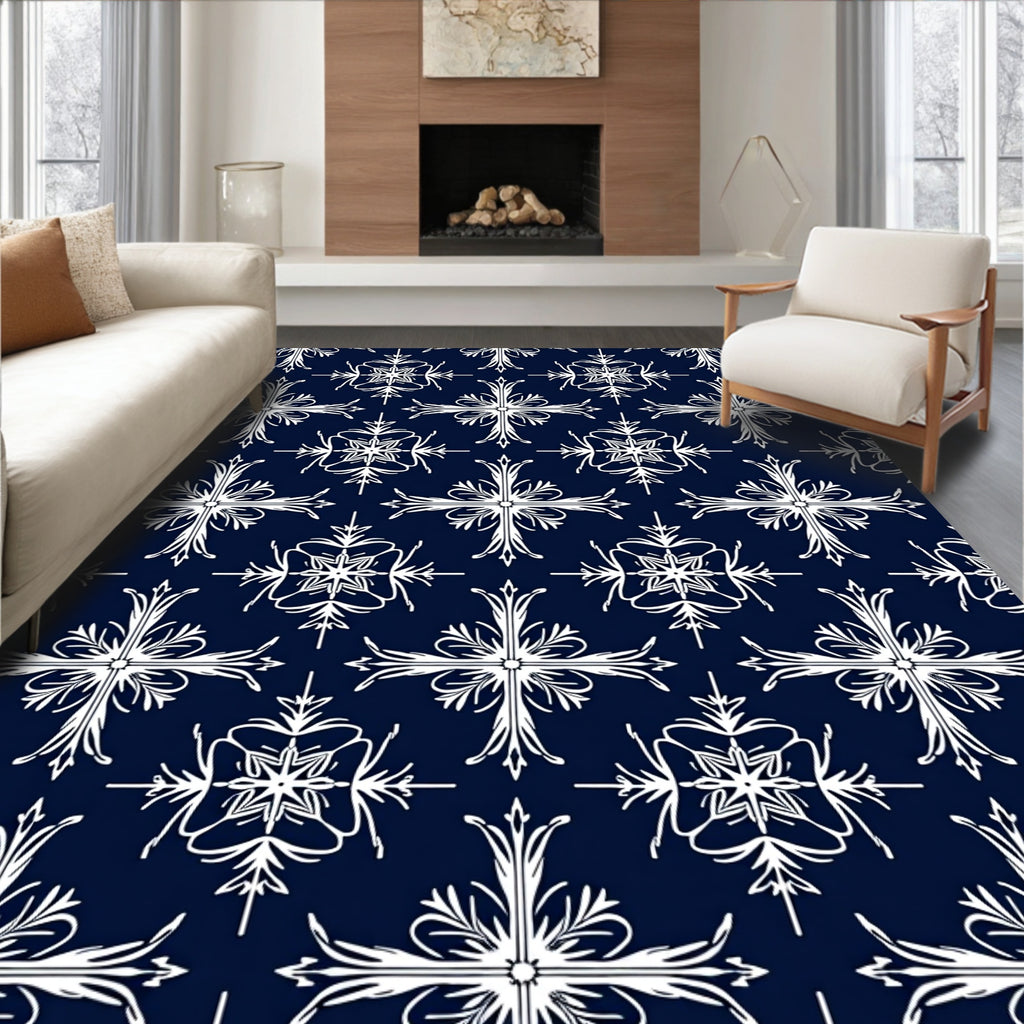 Navy White Scrolling Floral Medallion Rug
