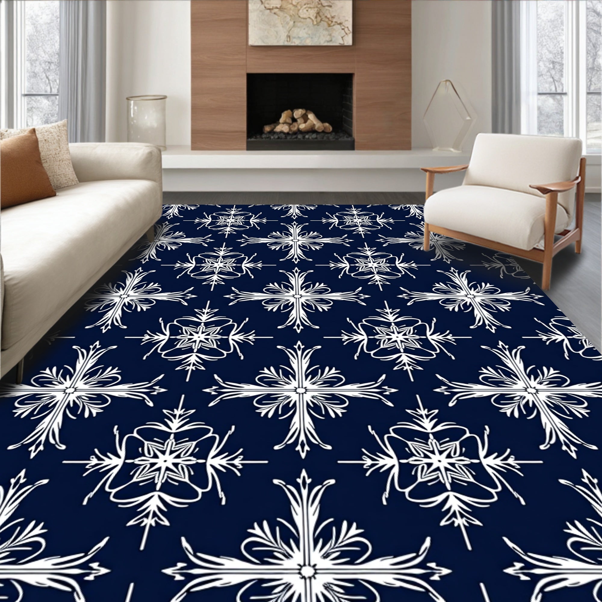 Navy White Scrolling Floral Medallion Rug