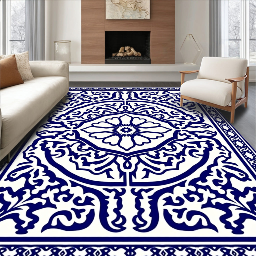 Classic Blue White Floral Medallion Rug