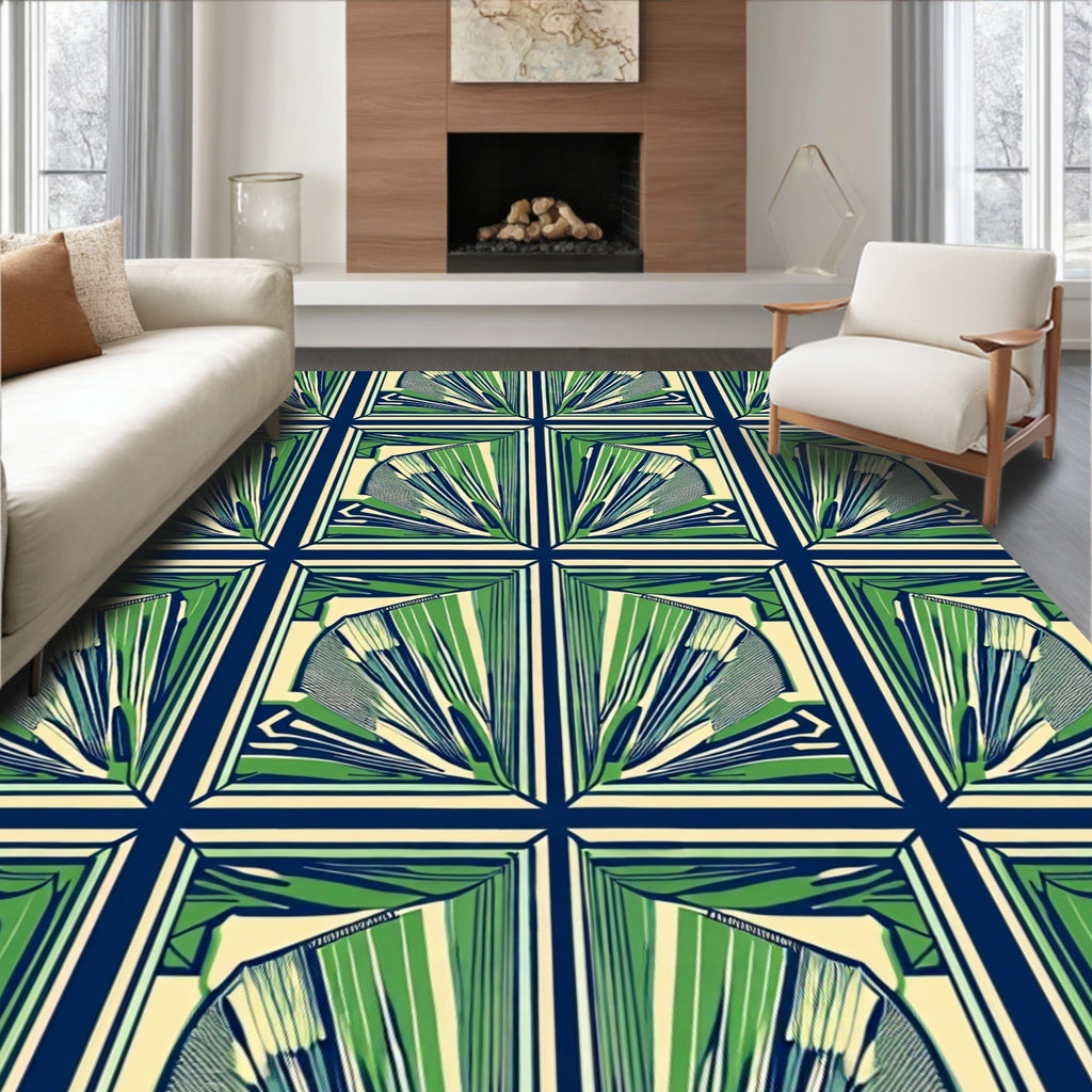 Green Blue Fan Medallion Geometric Rug