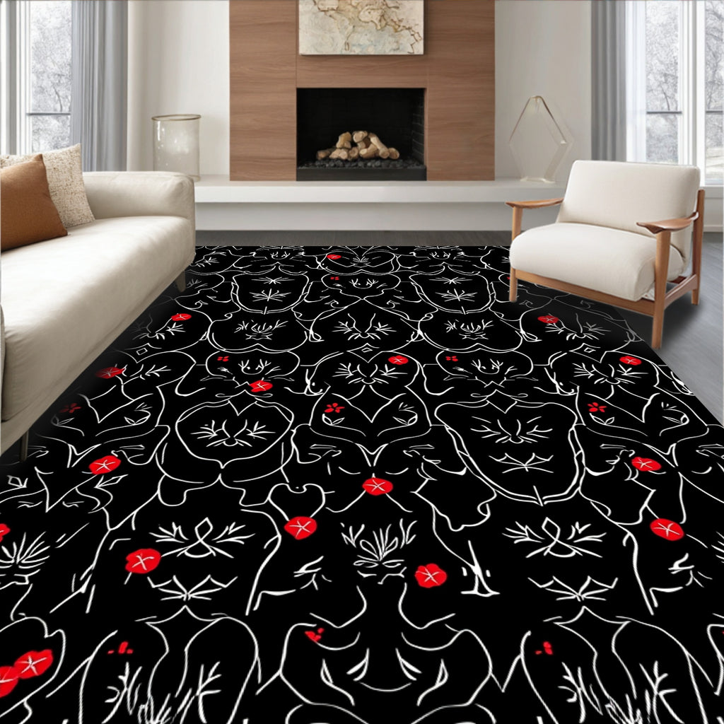 Minimalist Red Floral Black Scroll Rug