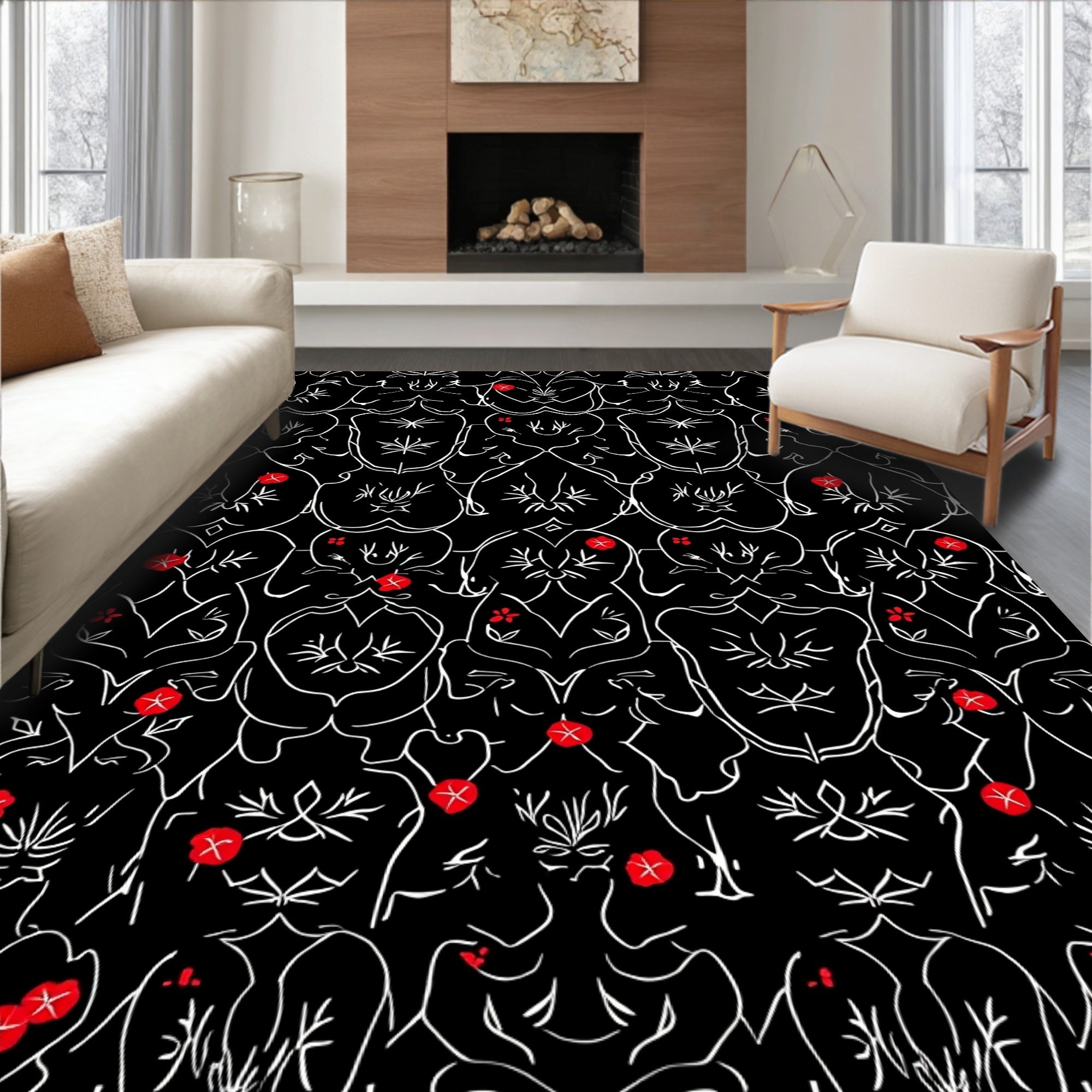 Minimalist Red Floral Black Scroll Rug