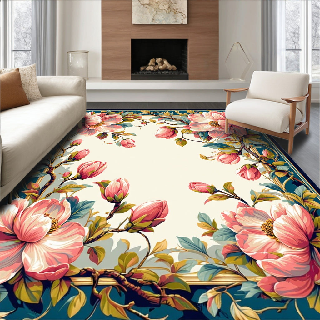 Vintage Floral Pink Blossom Border Rug