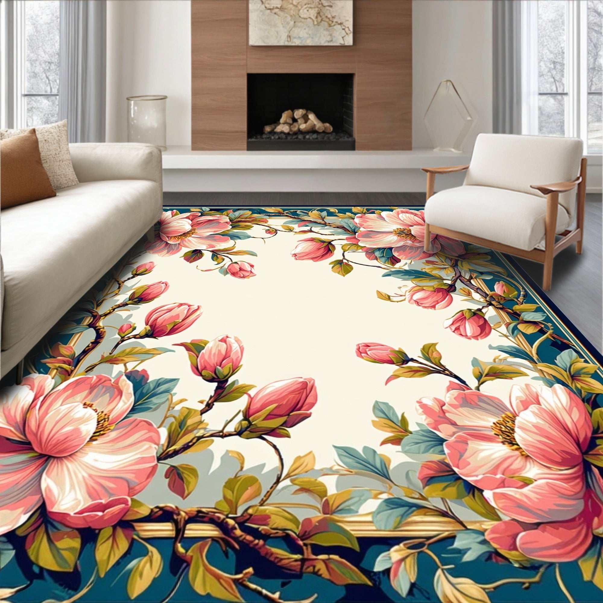 Vintage Floral Pink Blossom Border Rug