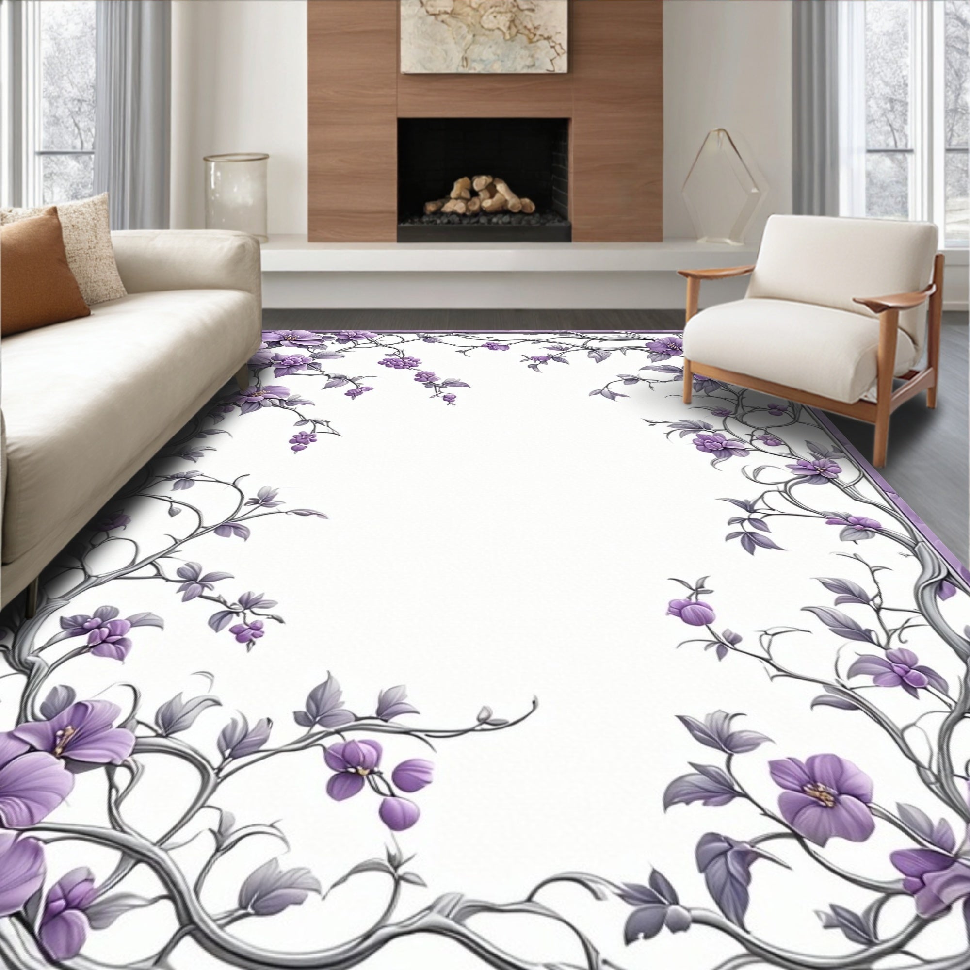 Purple Floral Vine Border Design Rug