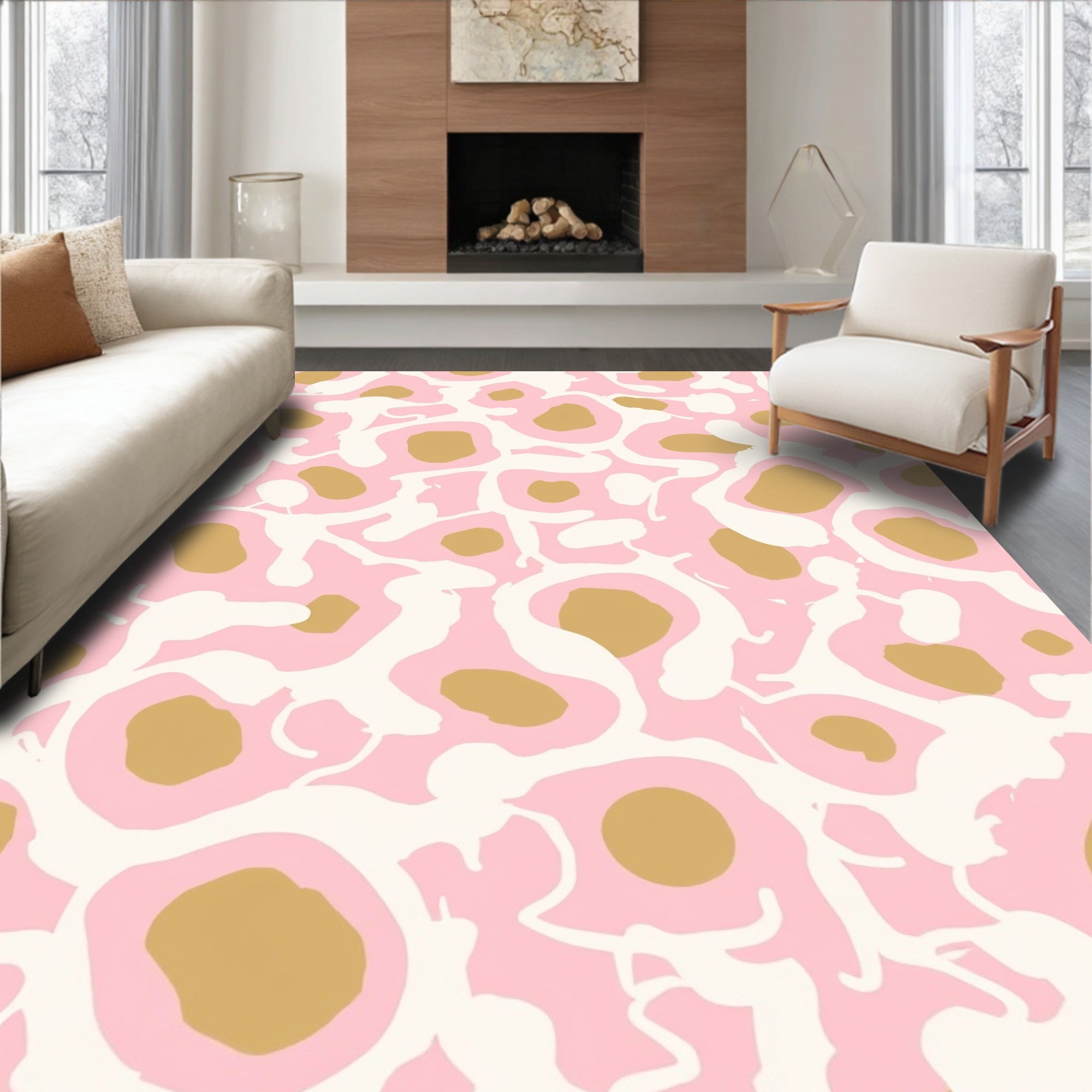 Abstract Pink Gold Blob Pattern Rug