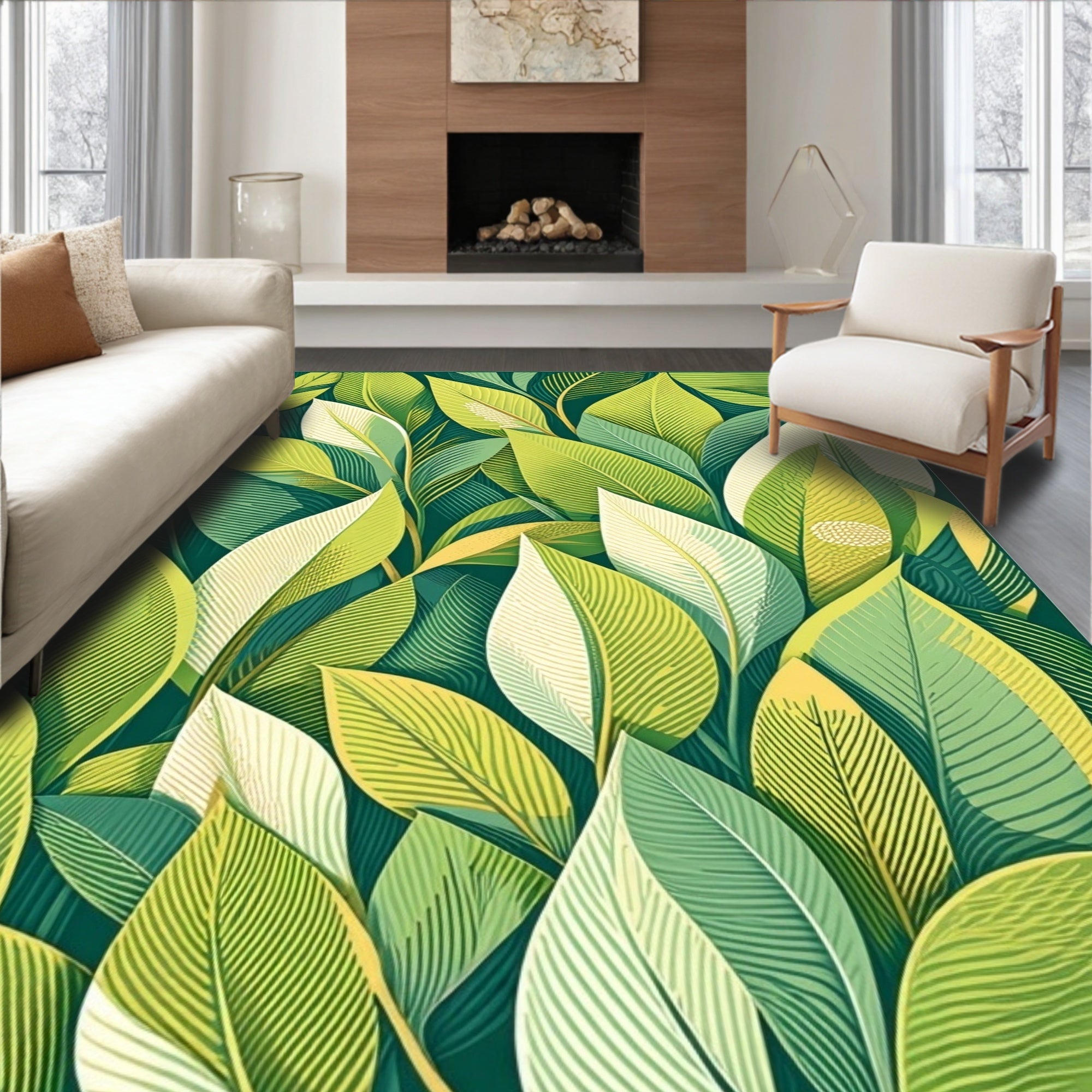 Lush Green Leaf Pattern Design Rug