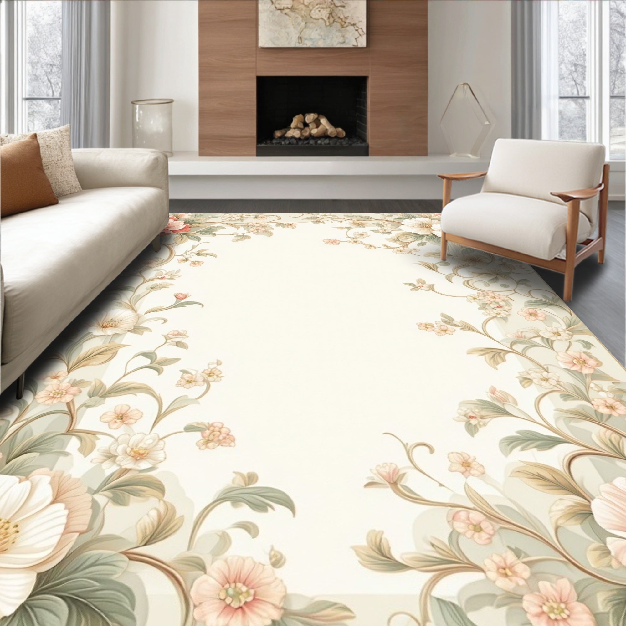 Pastel Floral Vines Scroll Pattern Rug