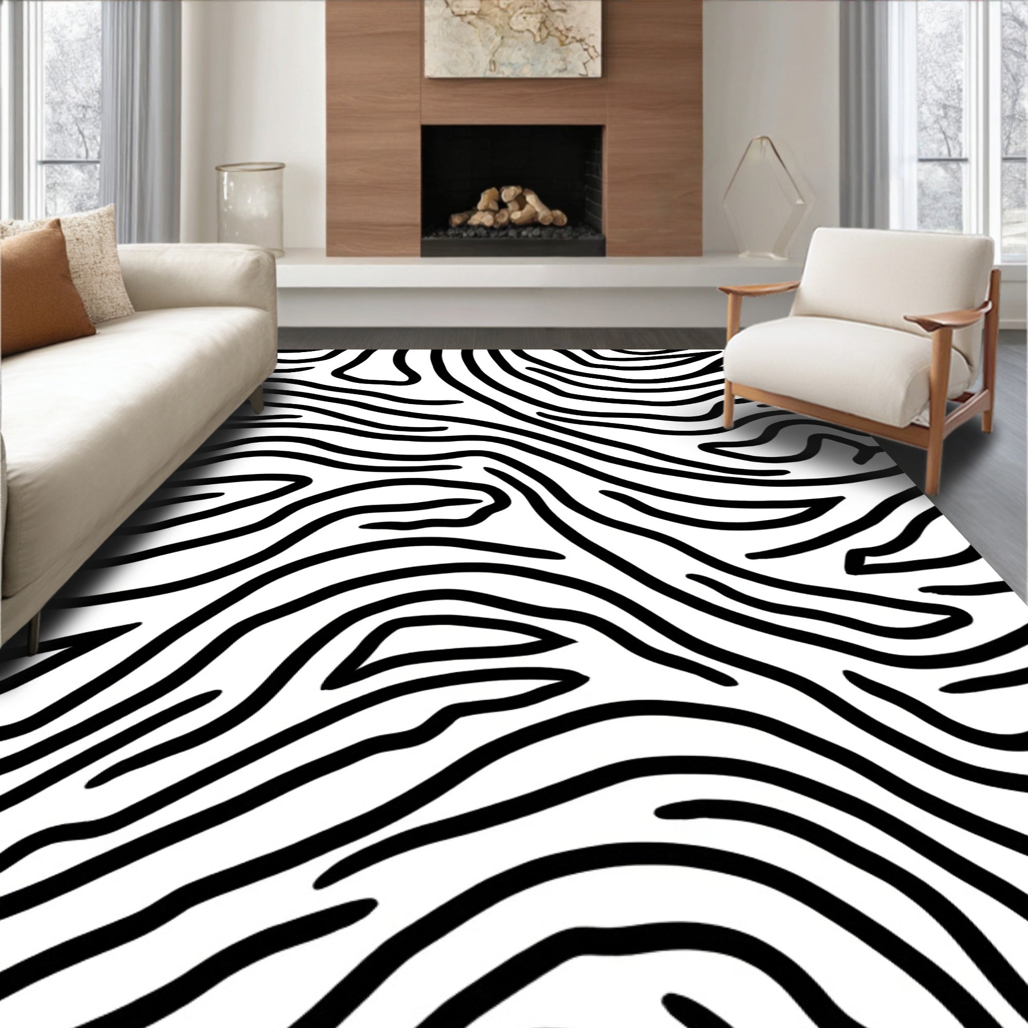 Black and White Wavy Stripe Pattern Rug