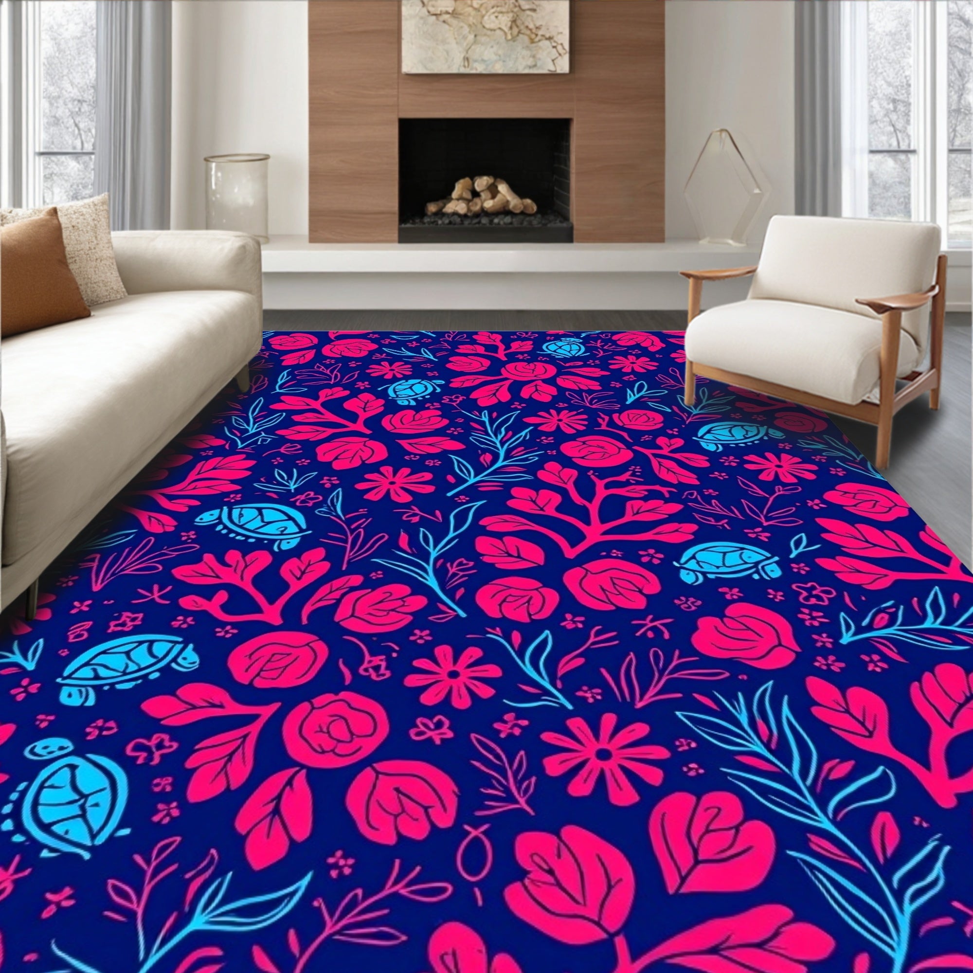 Blue Pink Floral Turtle Pattern Rug