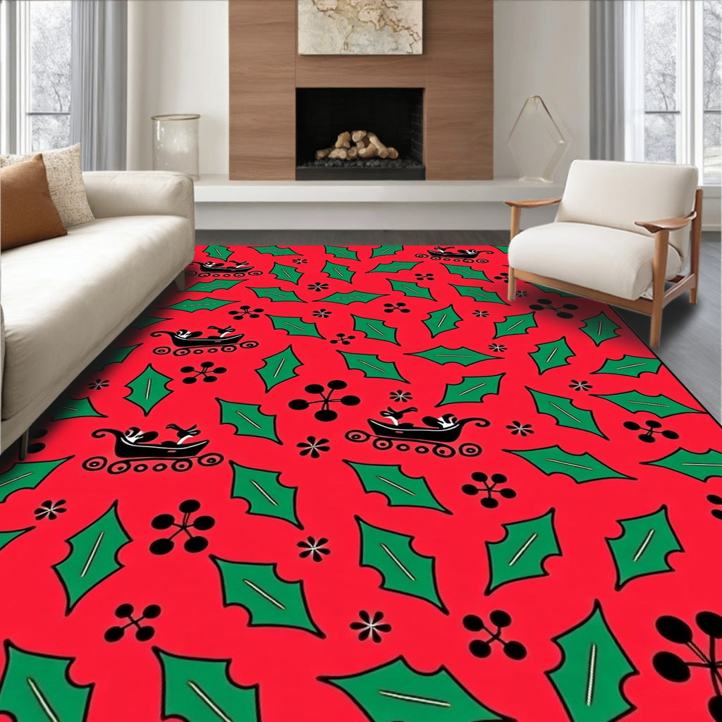 Retro Red Sleigh Holly Floral Rug