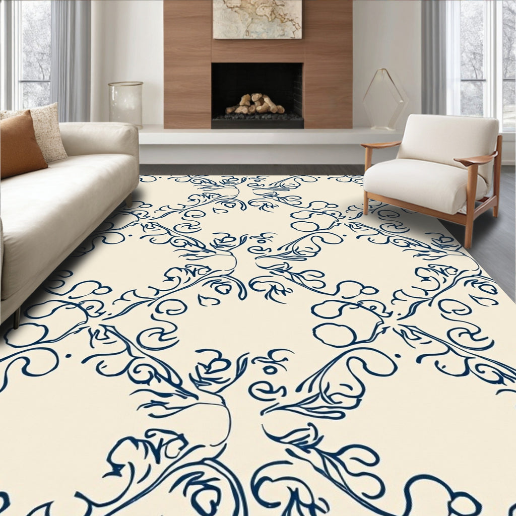 Classic Blue Swirling Vine Pattern Rug