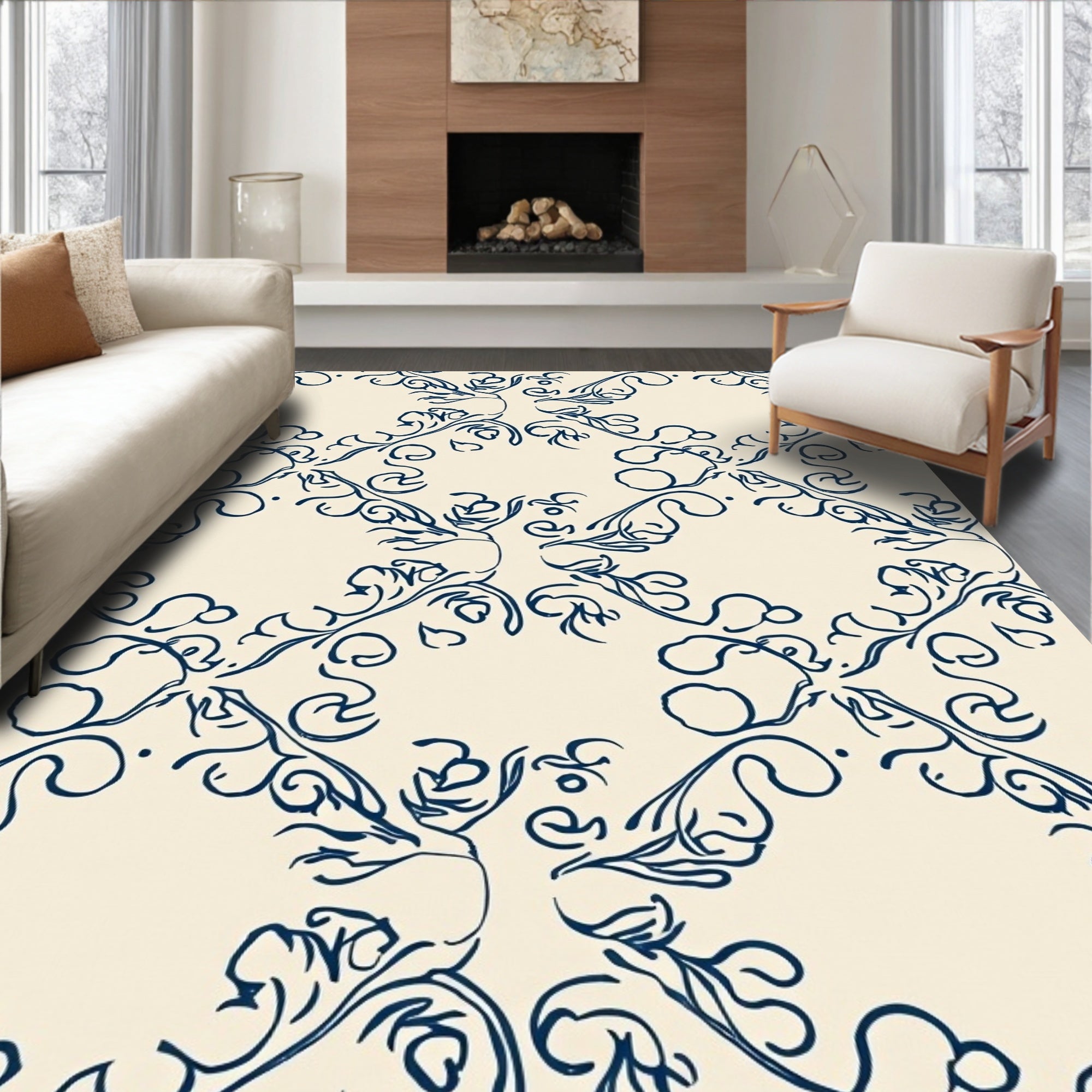 Classic Blue Swirling Vine Pattern Rug