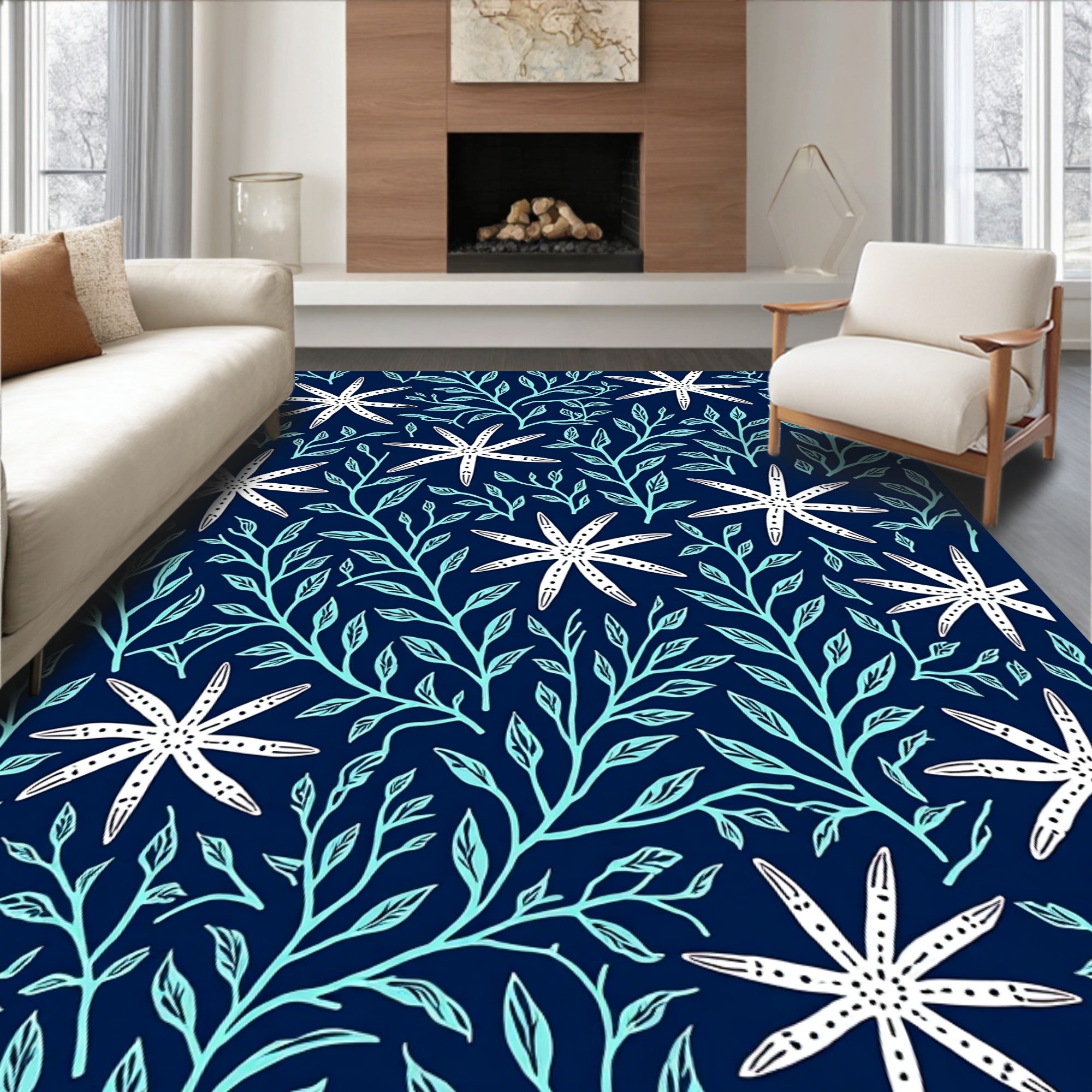 White Starfish with Teal Leaf Pattern Rug