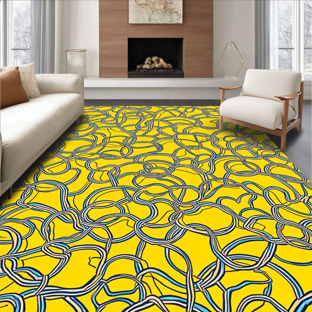 Yellow Abstract Curving Lines Design Rug