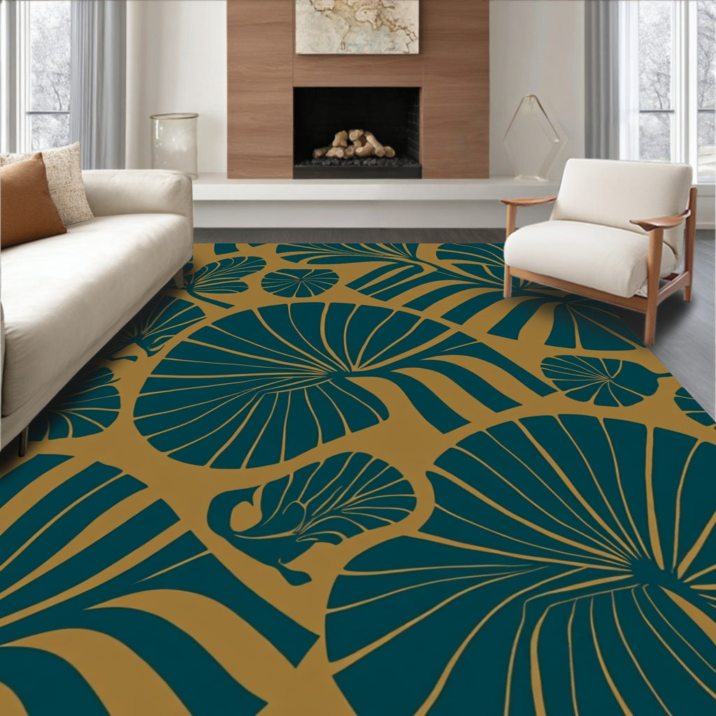 Modern Teal Leaf Pattern Rug