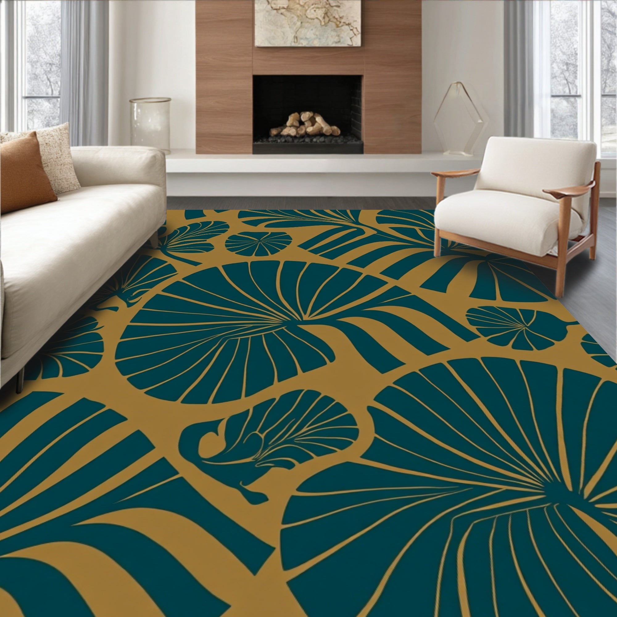 Modern Teal Leaf Pattern Rug