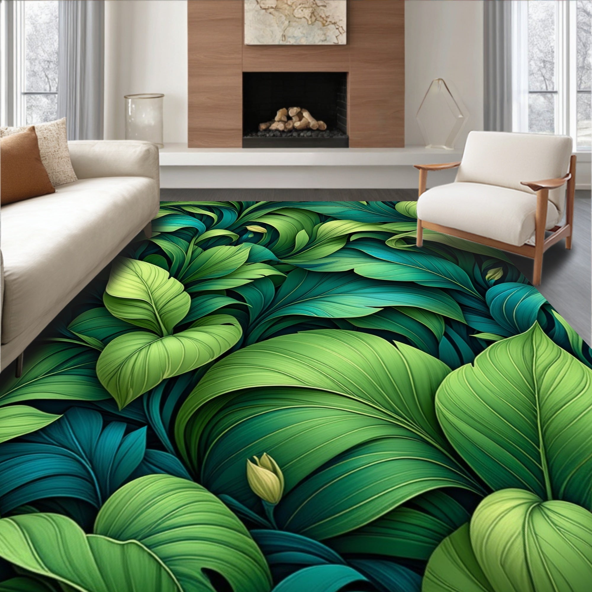 Lush Green Tropical Leaf Pattern Rug