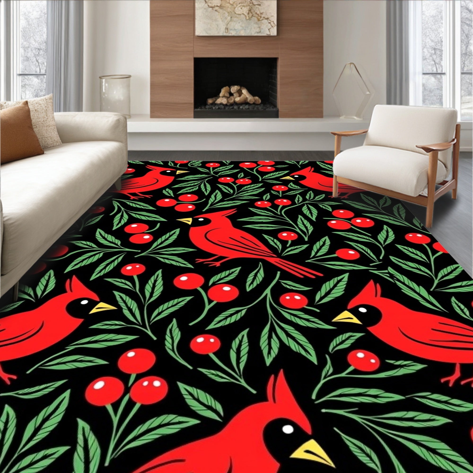 Red Cardinals with Green Berries Rug