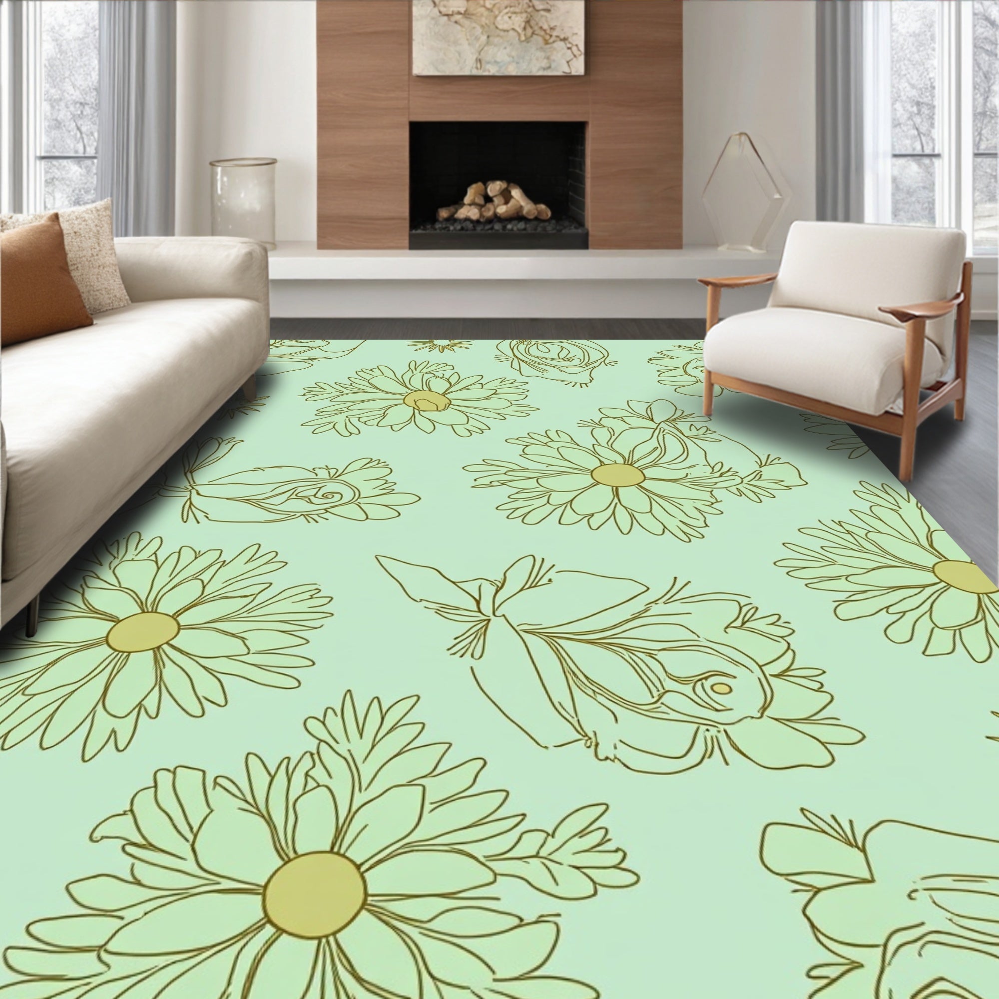 Retro Floral Outline Pattern Rug