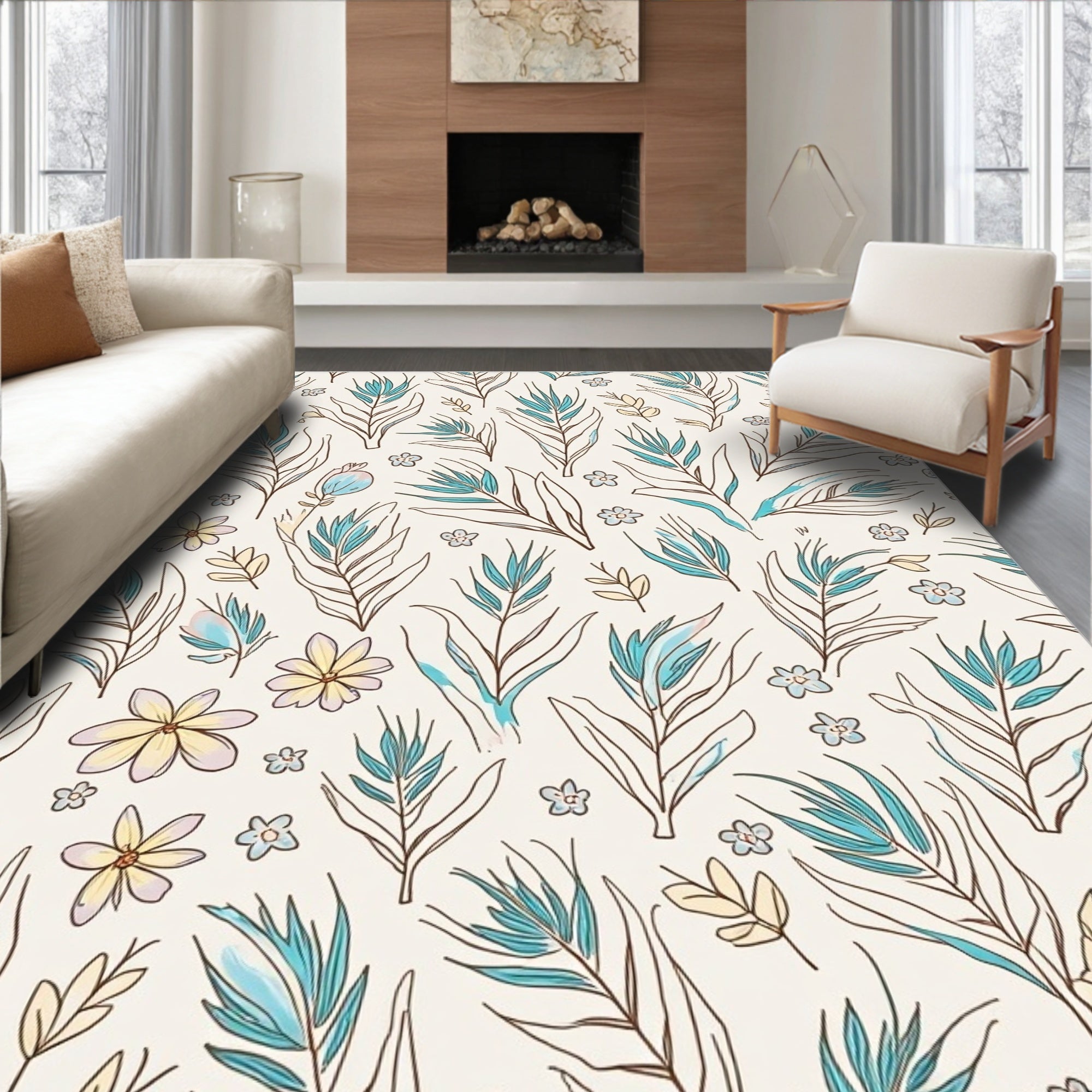 Botanical Line Art Floral Pattern Rug